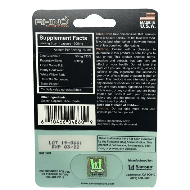 Rhino Afrodita 1 Pill/Card - 24 Cards/Box FDA Registered