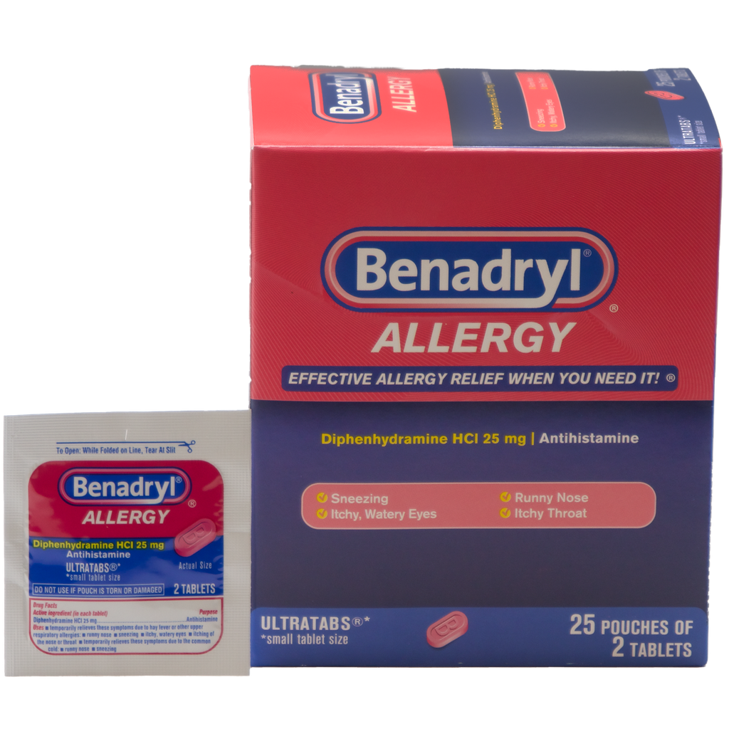 Benadryl 2 Tabs/Pouch, 25 Pouches/Box