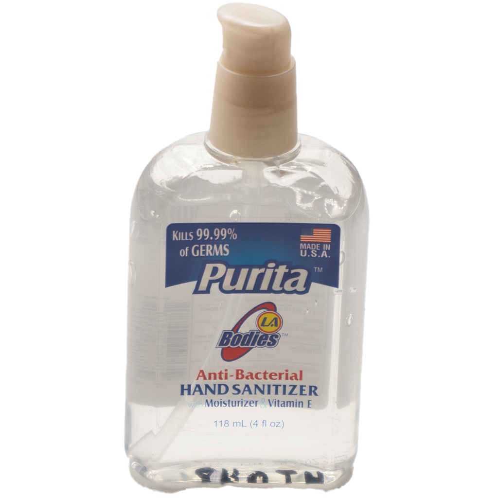 Purita La Bodies Hand Sanitizer 4 fl oz. W/Golden-Pump Clear Bottle  No Exchange or No Refund