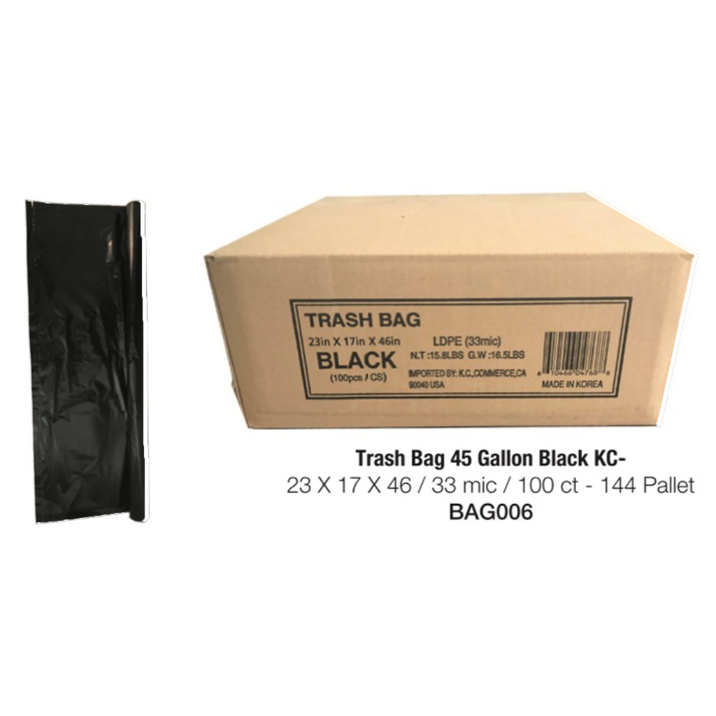 Trash Bag Black-45 Gallons Imported By KC / 1.3mil 100 ct.