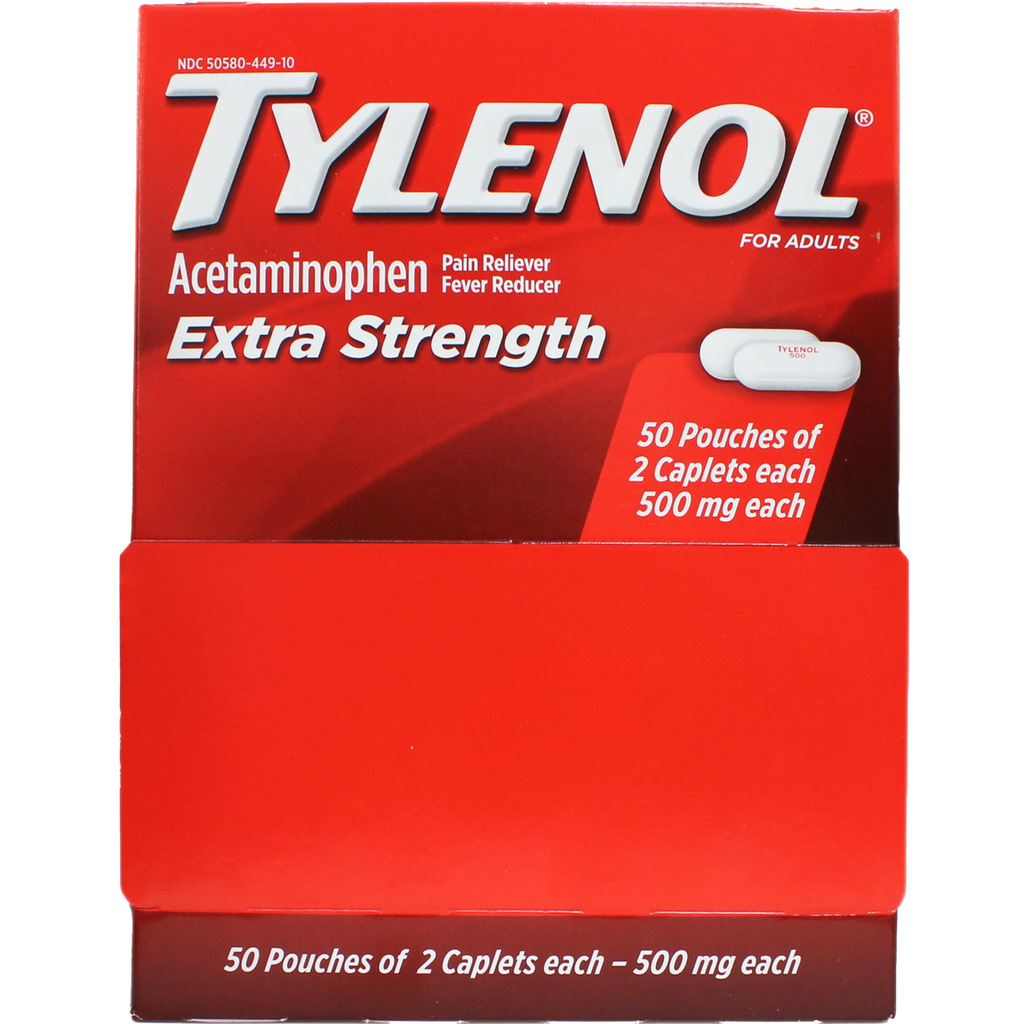Tylenol X-Strength 2 Pills/Pouch, 50 Pouches/Box